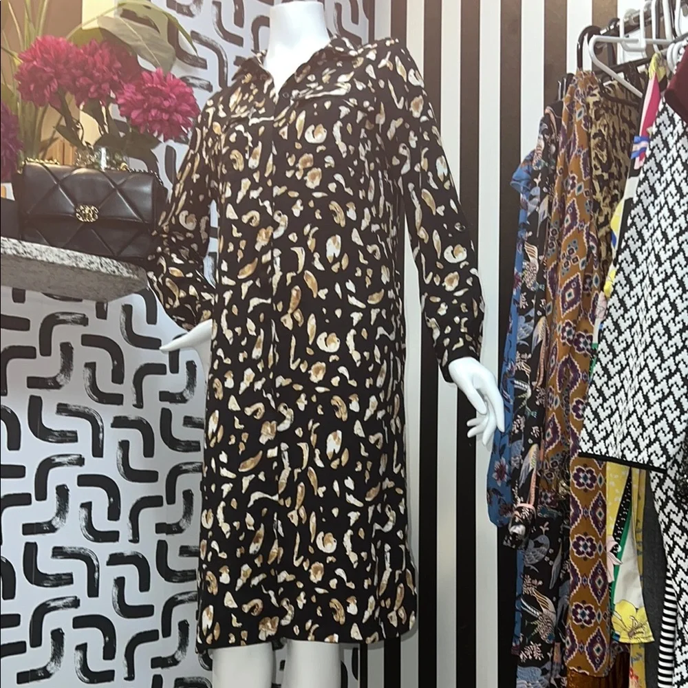 Nine West Black and Gold Patterned Long Sleeve Dress